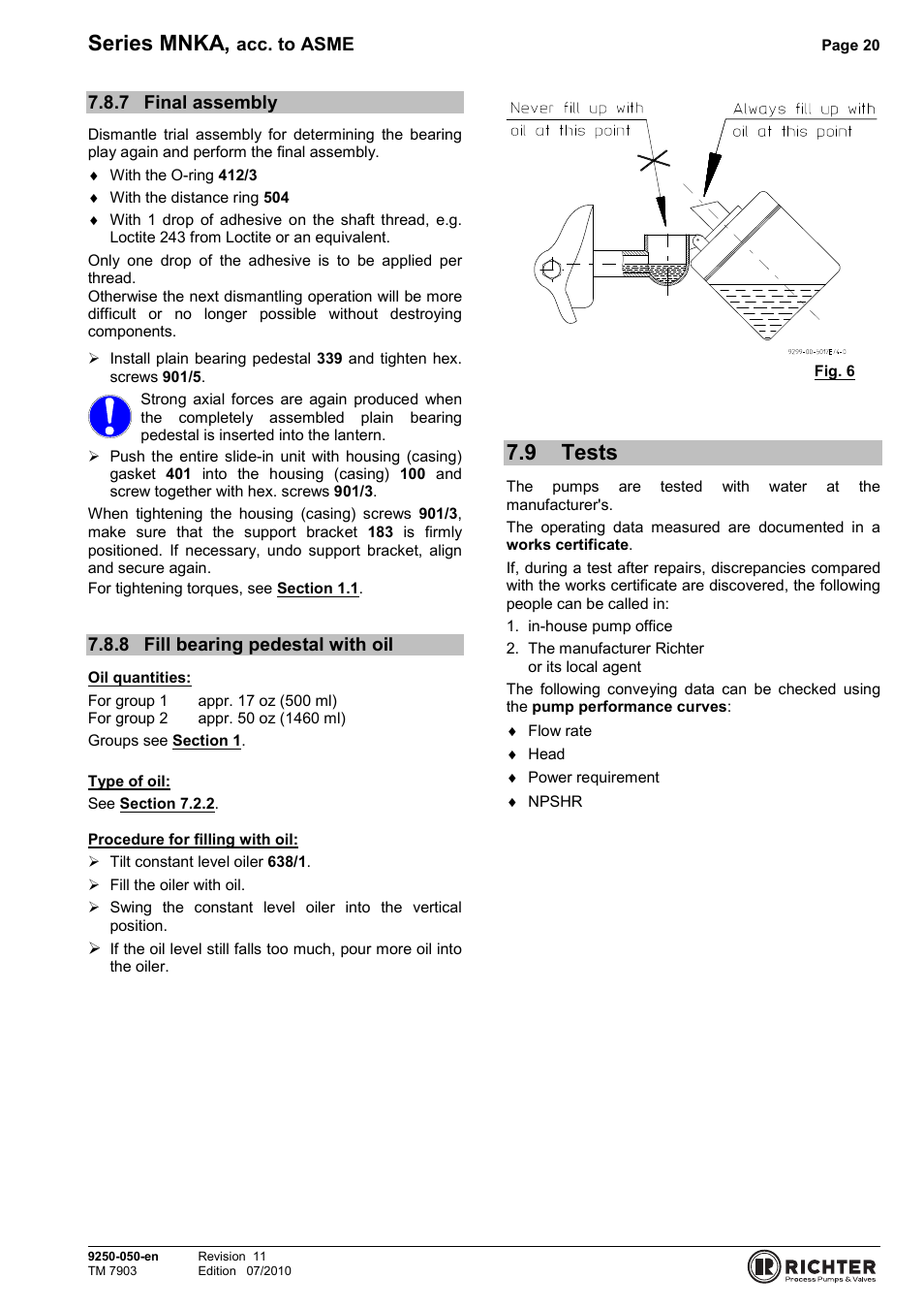 7 final assembly, 8 fill bearing pedestal with oil, 9 tests | Final assembly, Fill bearing pedestal with oil, Tests, Series mnka | Richter MNKA Series (ASME) User Manual | Page 20 / 30