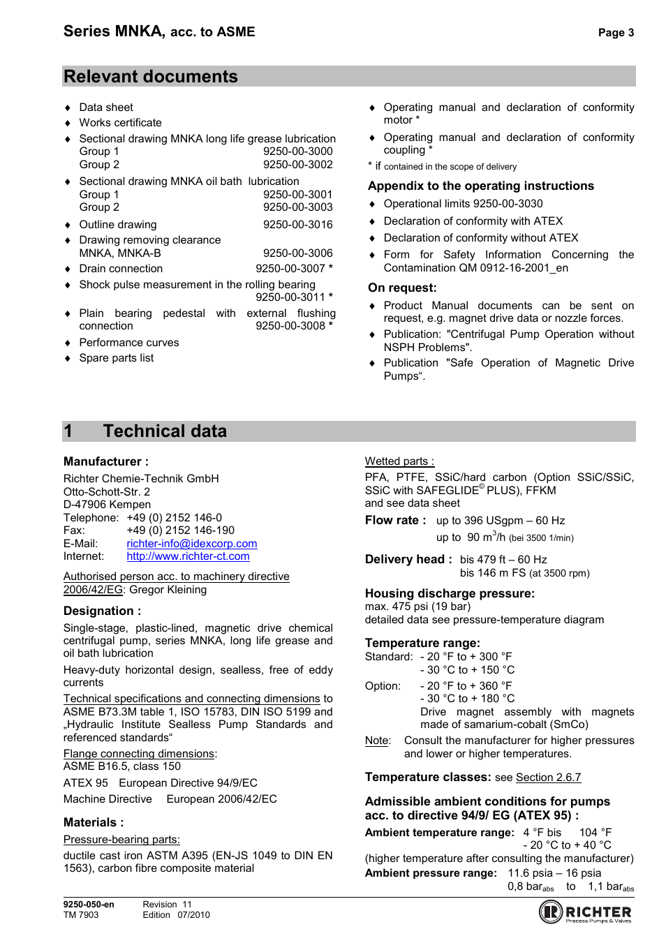 Relevant documents, 1 technical data, Technical data | 1technical data, Series mnka, Acc. to asme | Richter MNKA Series (ASME) User Manual | Page 3 / 30