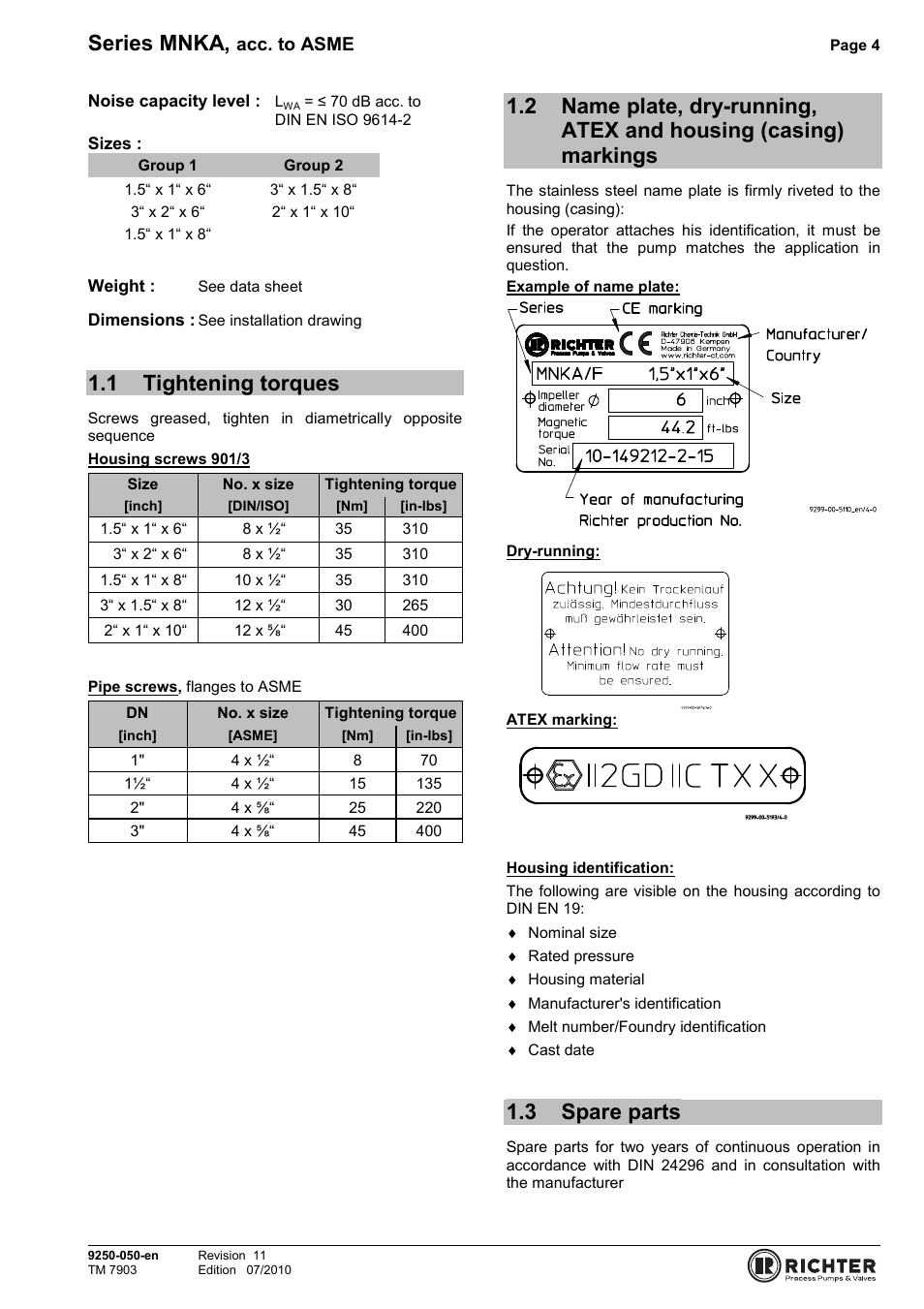 1 tightening torques, 3 spare parts, Tightening torques | Casing) markings, Spare parts, Series mnka, Acc. to asme | Richter MNKA Series (ASME) User Manual | Page 4 / 30