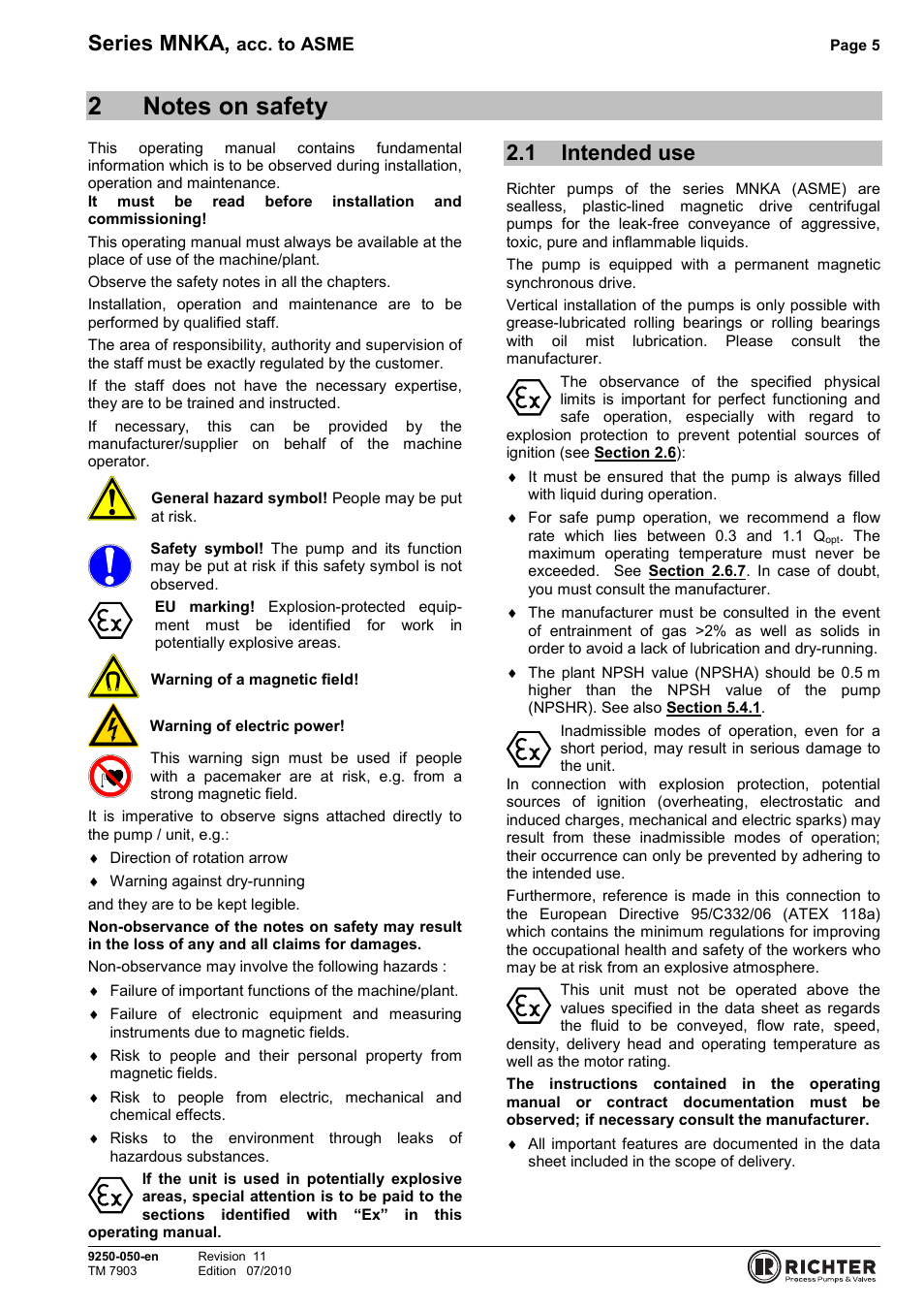 2 notes on safety, 1 intended use, Notes on safety | Intended use, Series mnka, Acc. to asme | Richter MNKA Series (ASME) User Manual | Page 5 / 30