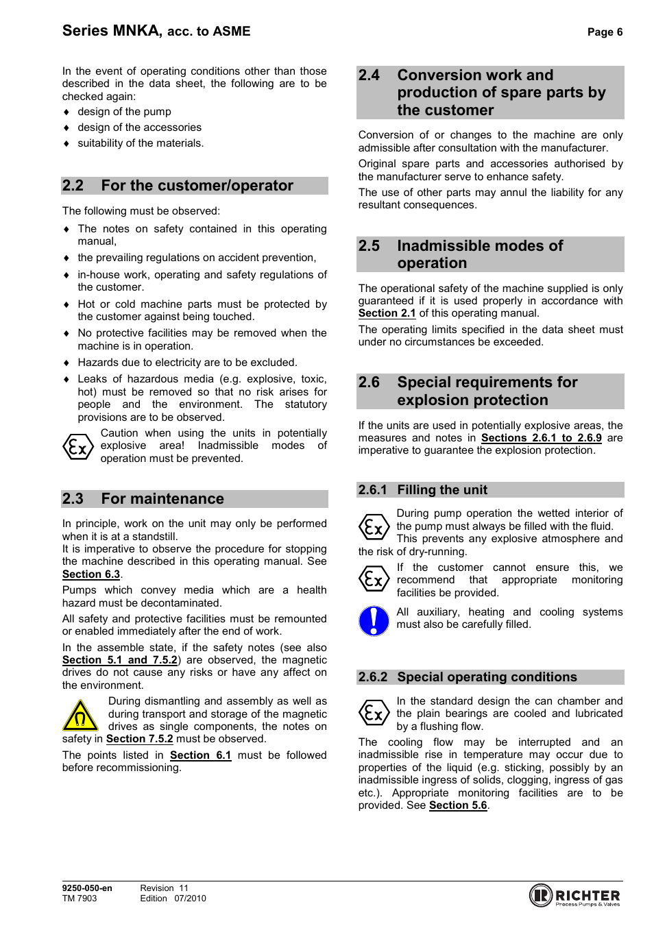 2 for the customer/operator, 3 for maintenance, 5 inadmissible modes of operation | 6 special requirements for explosion protection, 1 filling the unit, 2 special operating conditions, For the customer/operator, For maintenance, Parts by the customer, Inadmissible modes of operation | Richter MNKA Series (ASME) User Manual | Page 6 / 30