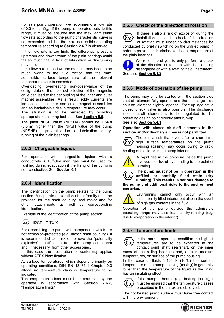 3 chargeable liquids, 4 identification, 5 check of the direction of rotation | 6 mode of operation of the pump, 7 temperature limits, Chargeable liquids, Identification, Check of the direction of rotation, Mode of operation of the pump, Temperature limits | Richter MNKA Series (ASME) User Manual | Page 7 / 30