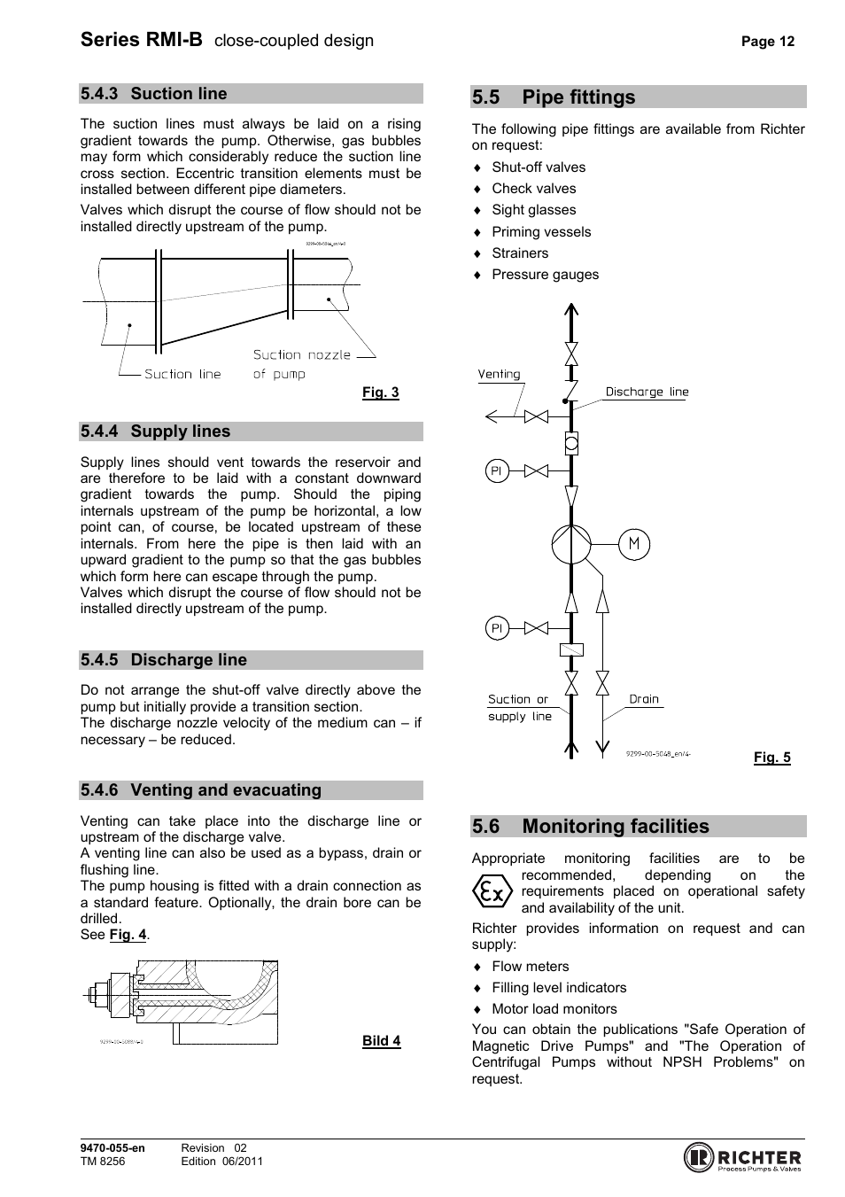 3 suction line, 4 supply lines, 5 discharge line | 6 venting and evacuating, 5 pipe fittings, 6 monitoring facilities, Suction line, Supply lines, Discharge line, Venting and evacuating | Richter RMI-B Series User Manual | Page 12 / 31