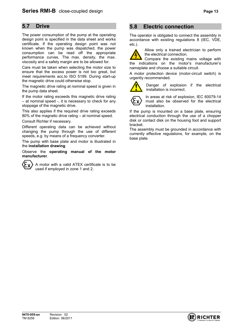 7 drive, 8 electric connection, Drive | Electric connection, Series rmi-b, Close-coupled design | Richter RMI-B Series User Manual | Page 13 / 31