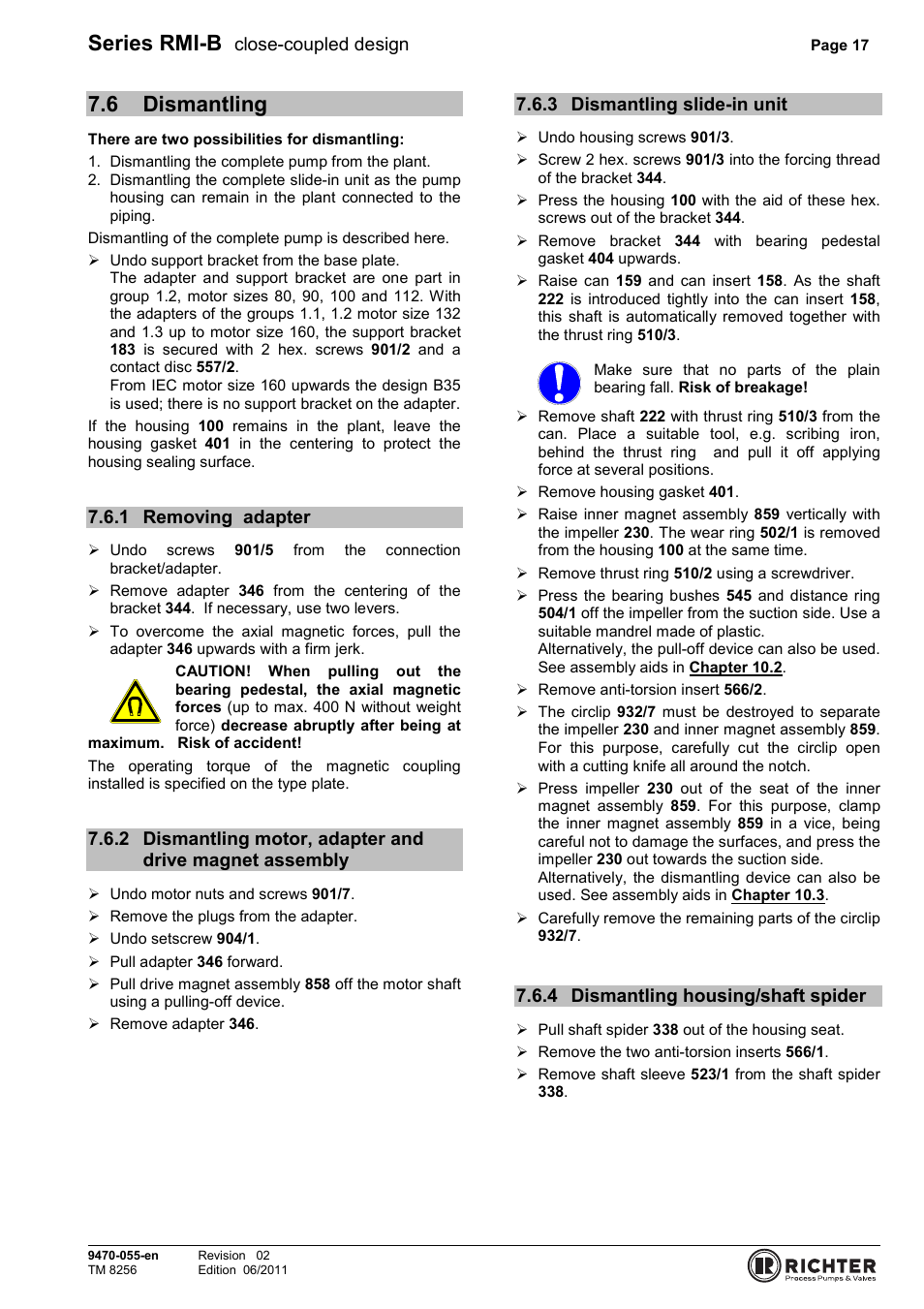 6 dismantling, 1 removing adapter, 3 dismantling slide-in unit | 4 dismantling housing/shaft spider, Dismantling, Removing adapter, Assembly, Dismantling slide-in unit, Dismantling housing/shaft spider, Series rmi-b | Richter RMI-B Series User Manual | Page 17 / 31