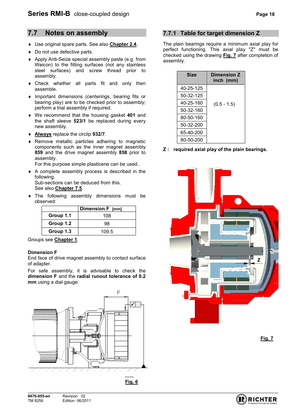 7 notes on assembly, 1 table for target dimension z, Notes on assembly | Table for target dimension z, Series rmi-b, Close-coupled design | Richter RMI-B Series User Manual | Page 18 / 31