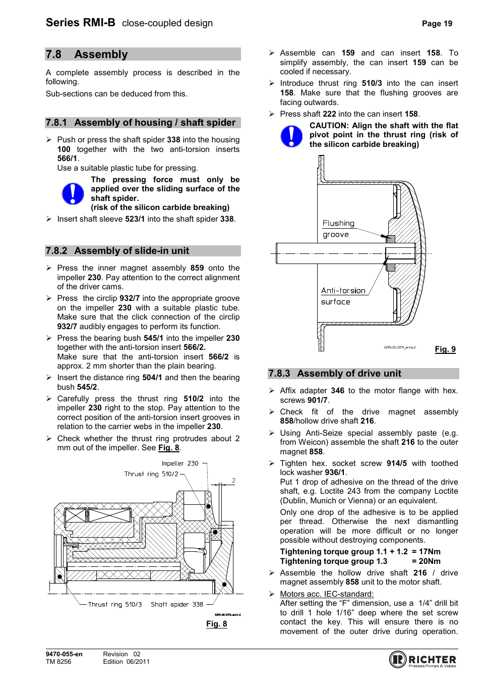 8 assembly, 1 assembly of housing / shaft spider, 2 assembly of slide-in unit | 3 assembly of drive unit, Assembly, Assembly of housing / shaft spider, Assembly of slide-in unit, Assembly of drive unit, Series rmi-b | Richter RMI-B Series User Manual | Page 19 / 31