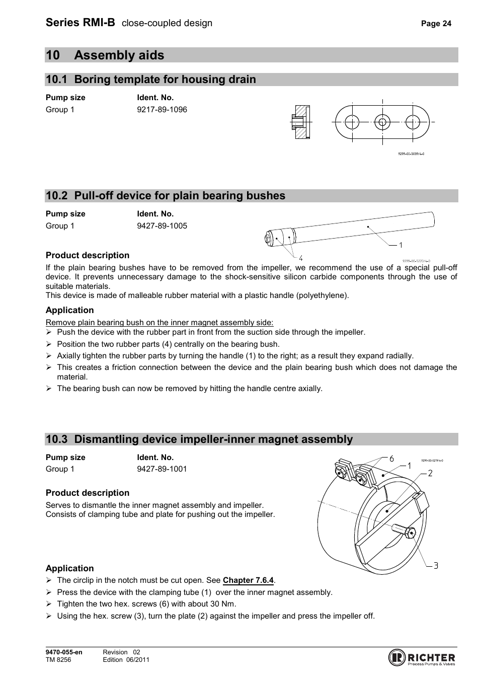 10 assembly aids, 1 boring template for housing drain, 2 pull-off device for plain bearing bushes | Assembly aids, Boring template for housing drain, Pull-off device for plain bearing bushes, Assembly, Series rmi-b | Richter RMI-B Series User Manual | Page 24 / 31