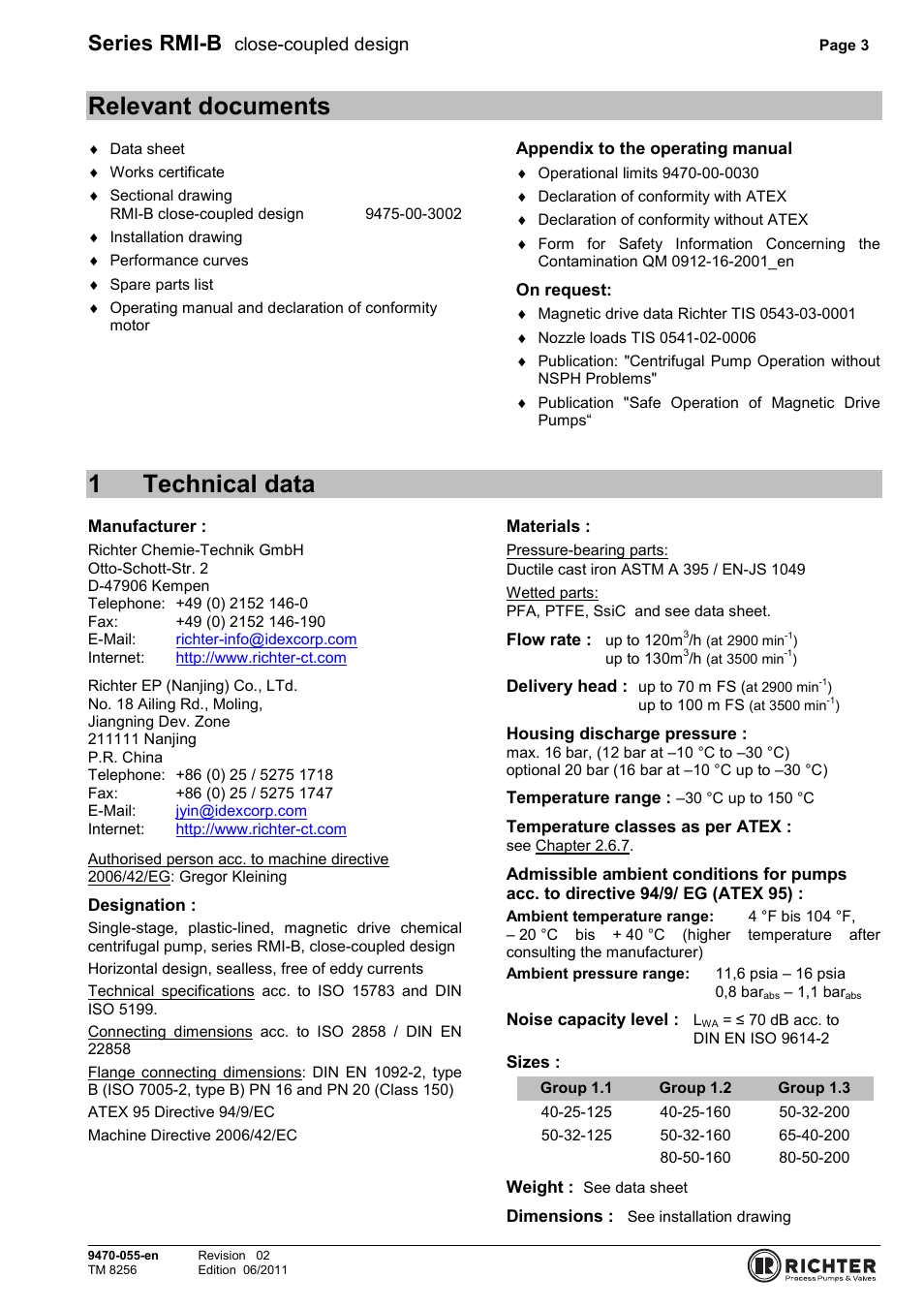 Relevant documents, 1 technical data, 1technical data | Series rmi-b, Close-coupled design | Richter RMI-B Series User Manual | Page 3 / 31