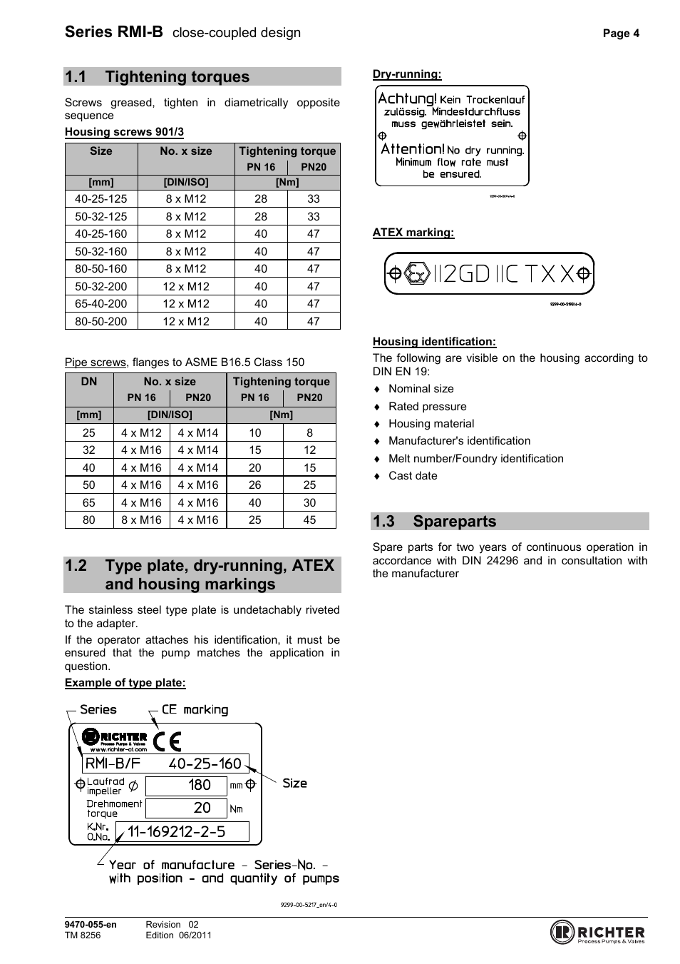 1 tightening torques, 3 spareparts, Tightening torques | Markings, Spareparts, Series rmi-b, Close-coupled design | Richter RMI-B Series User Manual | Page 4 / 31