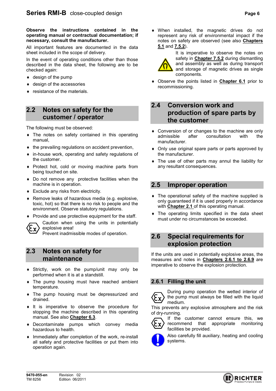 2 notes on safety for the customer / operator, 3 notes on safety for maintenance, 5 improper operation | 6 special requirements for explosion protection, 1 filling the unit, Notes on safety for the customer / operator 6, Notes on safety for maintenance, Parts by the customer, Improper operation, Filling the unit | Richter RMI-B Series User Manual | Page 6 / 31