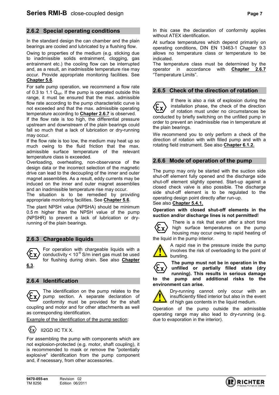 2 special operating conditions, 3 chargeable liquids, 4 identification | 5 check of the direction of rotation, 6 mode of operation of the pump, Special operating conditions, Chargeable liquids, Identification, Check of the direction of rotation, Mode of operation of the pump | Richter RMI-B Series User Manual | Page 7 / 31