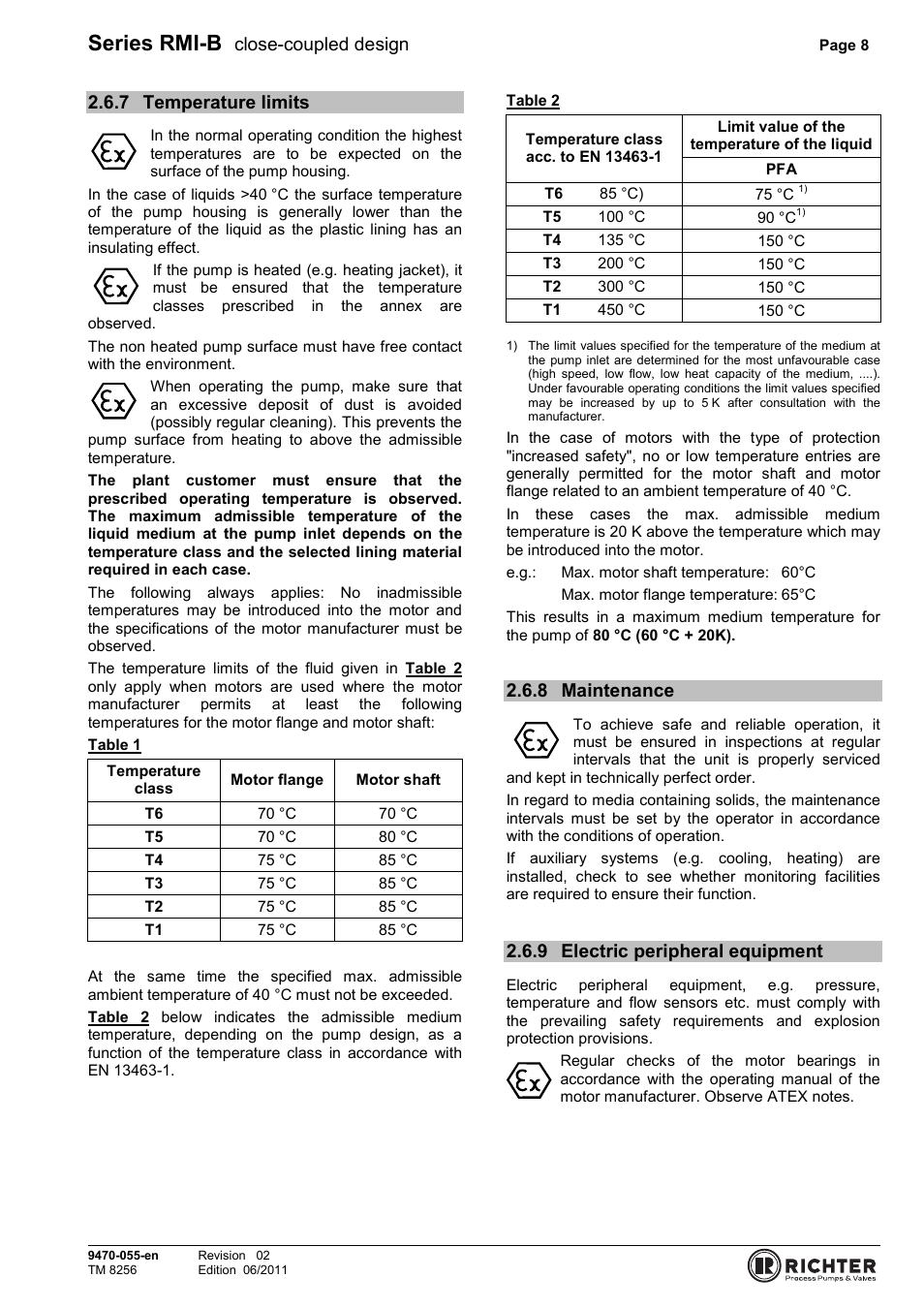 7 temperature limits, 8 maintenance, 9 electric peripheral equipment | Temperature limits, Maintenance, Electric peripheral equipment, Series rmi-b, Close-coupled design | Richter RMI-B Series User Manual | Page 8 / 31