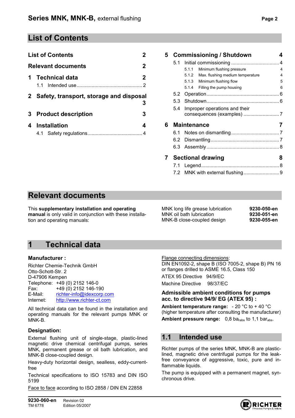 List of contents, Relevant documents, 1 technical data | 1 intended use, 1technical data, Series mnk, mnk-b | Richter MNK Series User Manual | Page 2 / 9