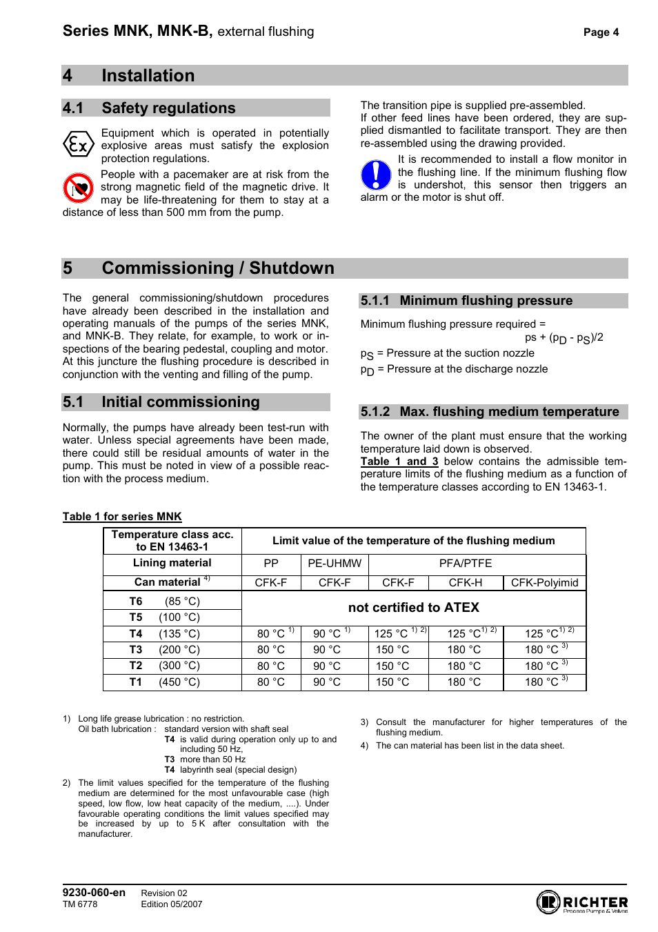 4 installation, 1 safety regulations, 5 commissioning / shutdown | 1 initial commissioning, 1 minimum flushing pressure, 2 max. flushing medium temperature, Safety regulations, Initial commissioning, Minimum flushing pressure, Max. flushing medium temperature | Richter MNK Series User Manual | Page 4 / 9