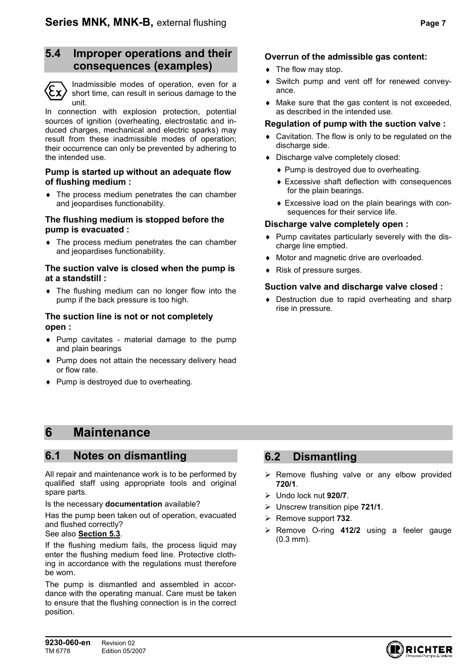 6 maintenance, 1 notes on dismantling, 2 dismantling | Consequences (examples), Notes on dismantling, Dismantling, 6maintenance, Series mnk, mnk-b | Richter MNK Series User Manual | Page 7 / 9