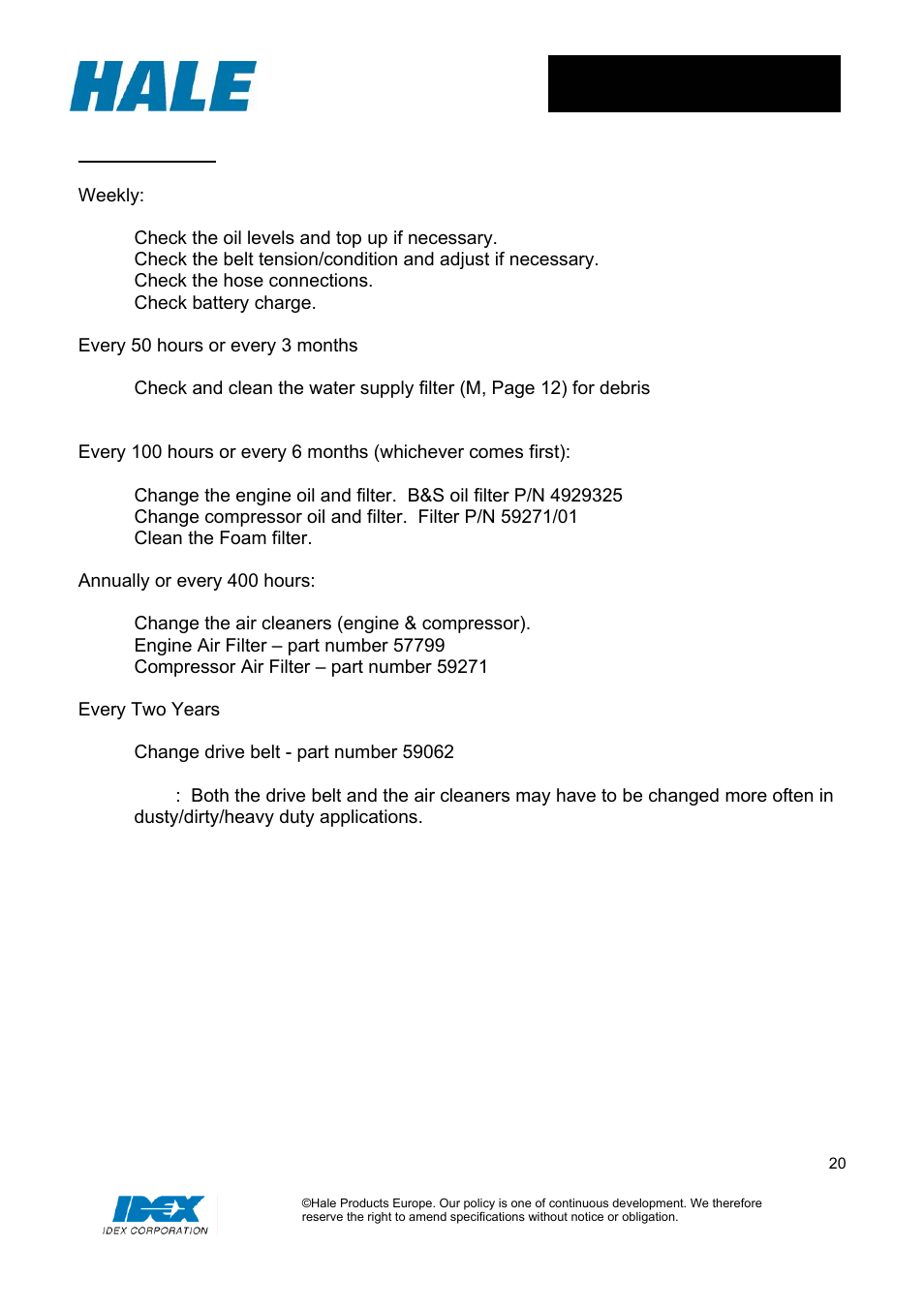 Maintenance | Hale MiniCAFS 2.1A (MC50 with FoamLogix System) User Manual | Page 20 / 22