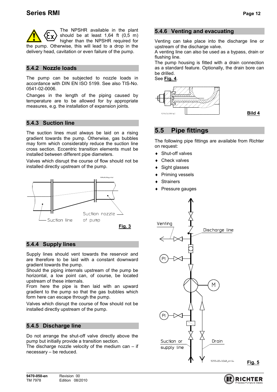 2 nozzle loads, 3 suction line, 4 supply lines | 5 discharge line, 6 venting and evacuating, 5 pipe fittings, Nozzle loads, Suction line, Supply lines, Discharge line | Richter RMI Series User Manual | Page 12 / 33