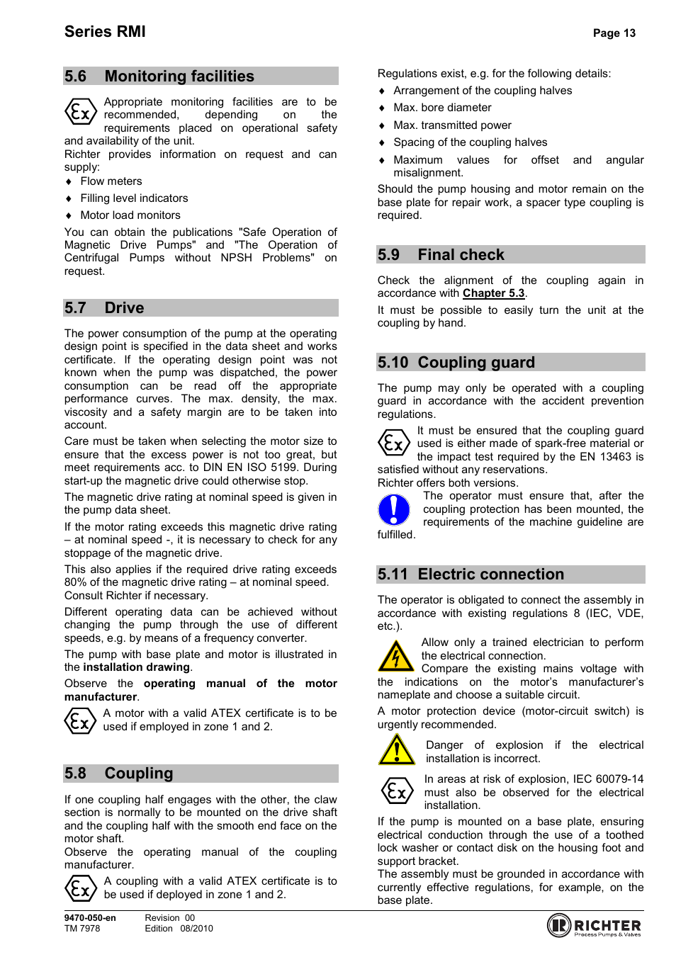 6 monitoring facilities, 7 drive, 8 coupling | 9 final check, 10 coupling guard, 11 electric connection, Monitoring facilities, Drive, Coupling, Final check | Richter RMI Series User Manual | Page 13 / 33