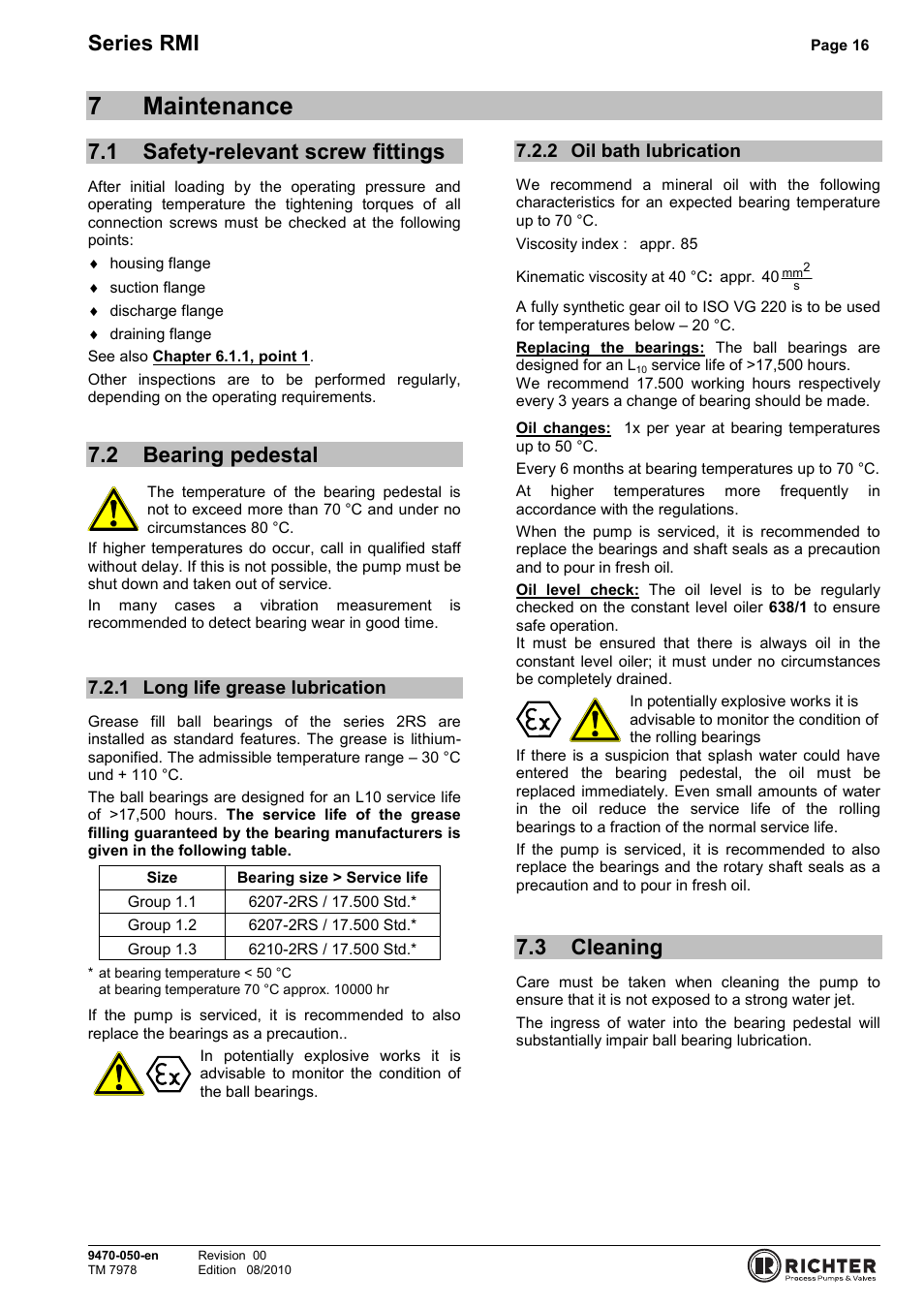 7 maintenance, 1 safety-relevant screw fittings, 2 bearing pedestal | 1 long life grease lubrication, 2 oil bath lubrication, 3 cleaning, Safety-relevant screw fittings, Bearing pedestal, Long life grease lubrication, Oil bath lubrication | Richter RMI Series User Manual | Page 16 / 33