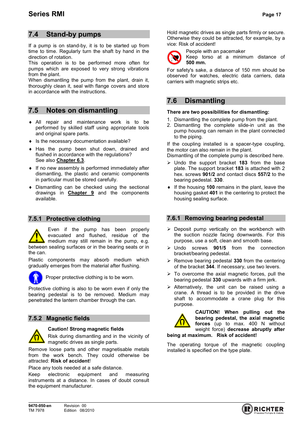 4 stand-by pumps, 5 notes on dismantling, 1 protective clothing | 2 magnetic fields, 6 dismantling, 1 removing bearing pedestal, Stand-by pumps, Notes on dismantling, Protective clothing, Magnetic fields | Richter RMI Series User Manual | Page 17 / 33