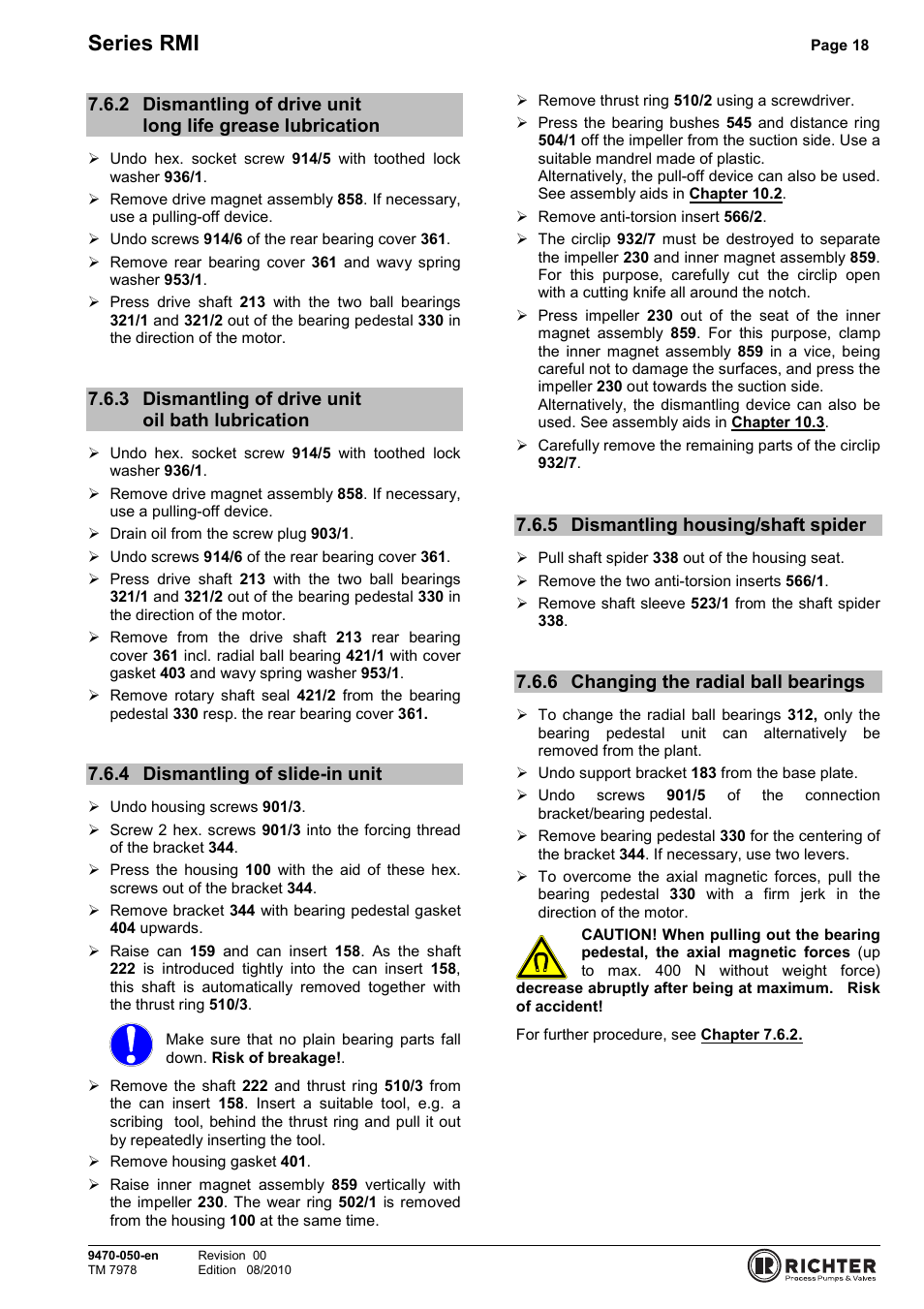 3 dismantling of drive unit oil bath lubrication, 4 dismantling of slide-in unit, 5 dismantling housing/shaft spider | 6 changing the radial ball bearings, Lubrication, Dismantling of drive unit oil bath lubrication 18, Dismantling of slide-in unit, Dismantling housing/shaft spider, Changing the radial ball bearings, Series rmi | Richter RMI Series User Manual | Page 18 / 33