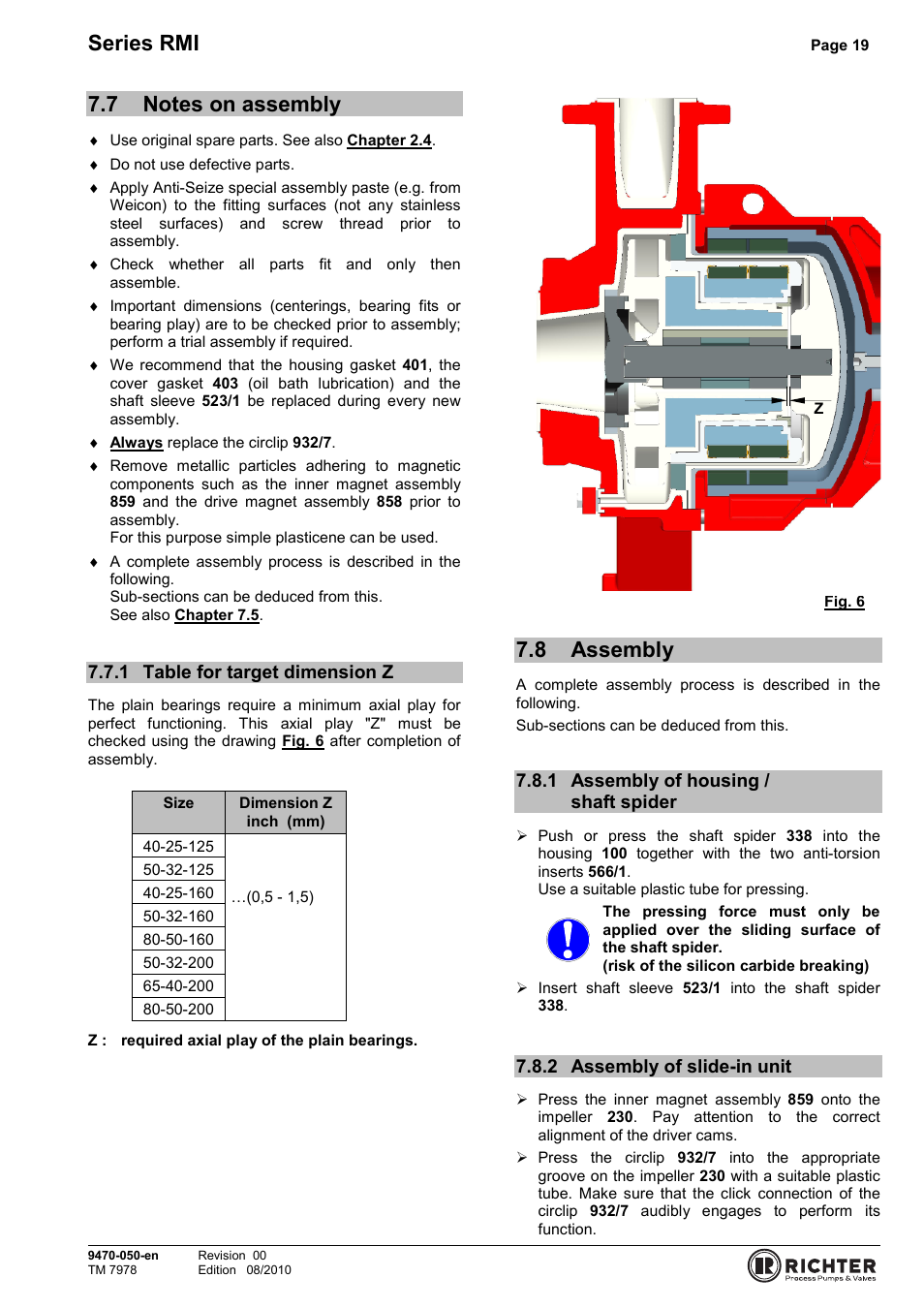 7 notes on assembly, 1 table for target dimension z, 8 assembly | 1 assembly of housing / shaft spider, 2 assembly of slide-in unit, Notes on assembly, Table for target dimension z, Assembly, Assembly of housing / shaft spider, Assembly of slide-in unit | Richter RMI Series User Manual | Page 19 / 33