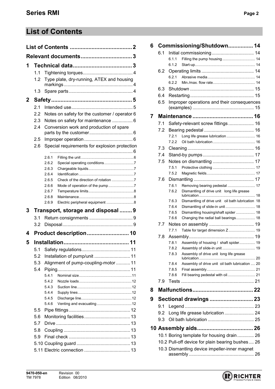 List of contents, Series rmi, Relevant documents | 1 technical data, 2 safety, 3 transport, storage and disposal, 4 product description, 5 installation, 6 commissioning/shutdown, 7 maintenance | Richter RMI Series User Manual | Page 2 / 33