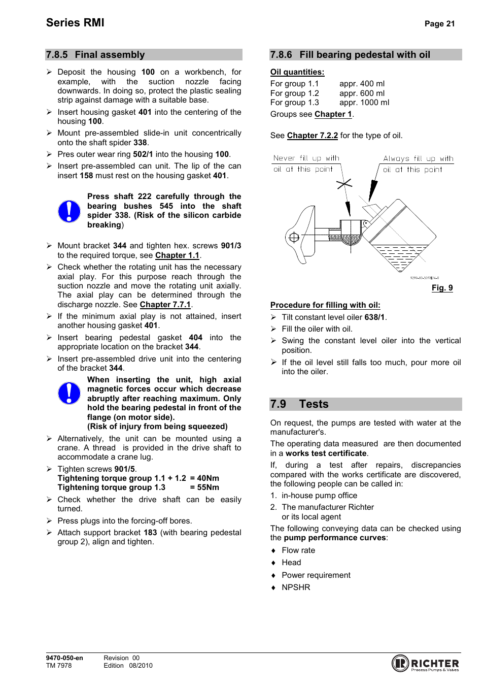 5 final assembly, 6 fill bearing pedestal with oil, 9 tests | Final assembly, Fill bearing pedestal with oil, Tests, Series rmi | Richter RMI Series User Manual | Page 21 / 33