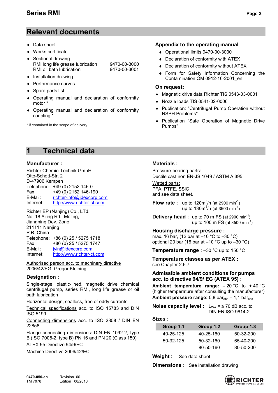 Relevant documents, 1 technical data, 1technical data | Series rmi | Richter RMI Series User Manual | Page 3 / 33