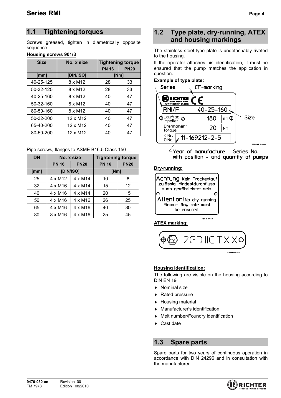 1 tightening torques, 3 spare parts, Tightening torques | Markings, Spare parts, Series rmi | Richter RMI Series User Manual | Page 4 / 33