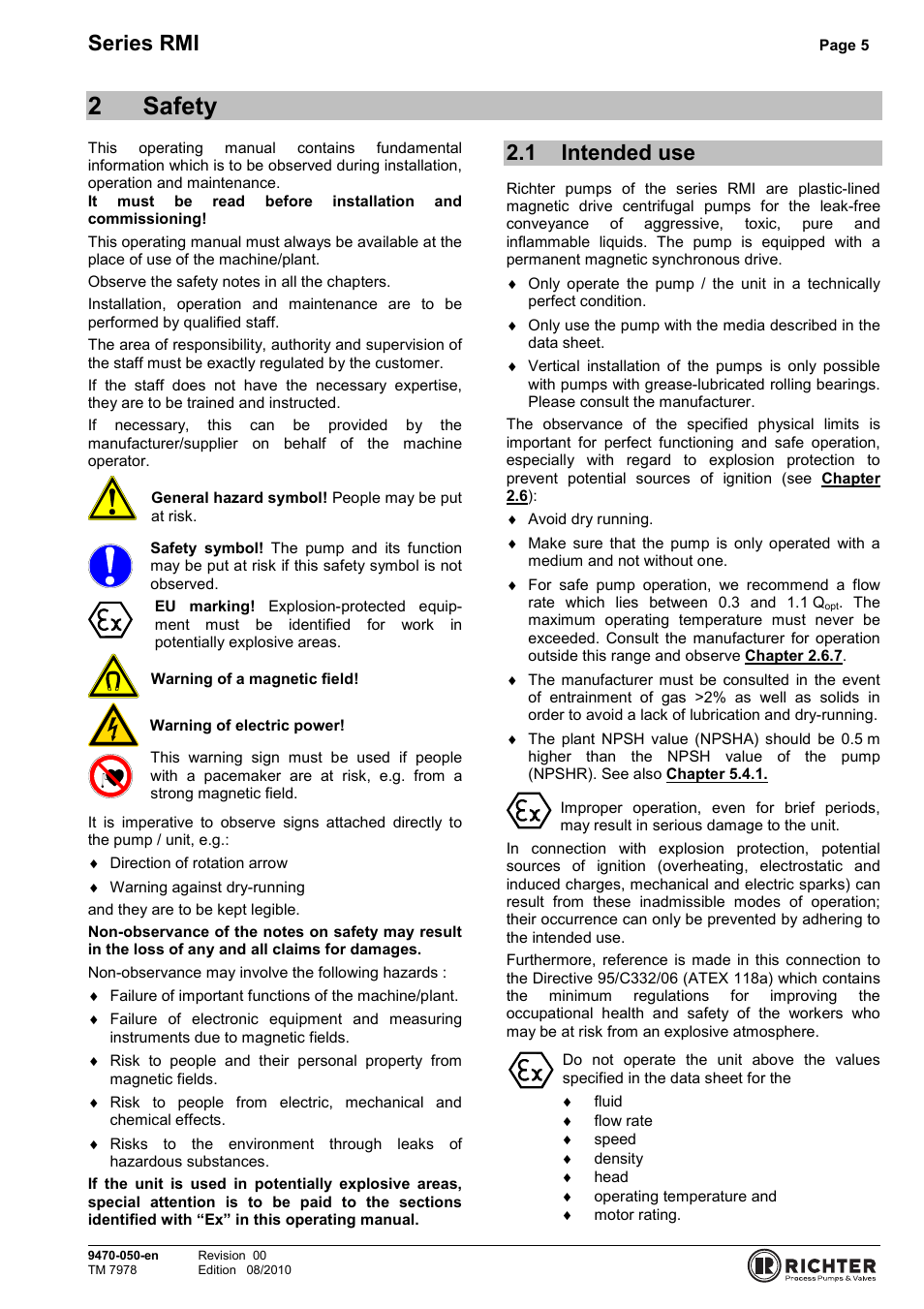 2 safety, 1 intended use, Intended use | 2safety, Series rmi | Richter RMI Series User Manual | Page 5 / 33