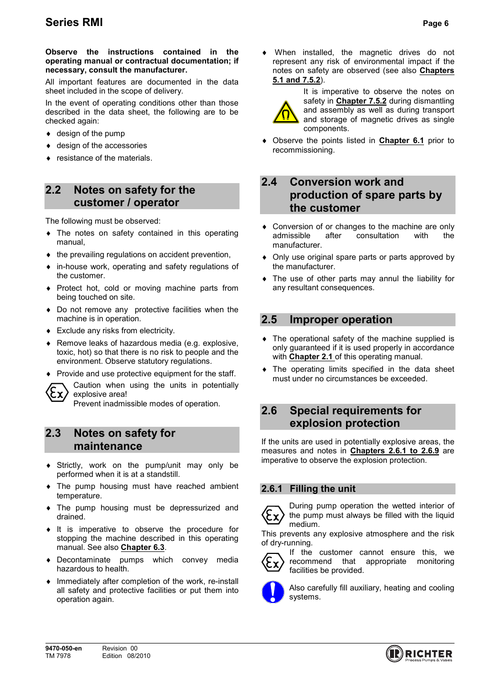 2 notes on safety for the customer / operator, 3 notes on safety for maintenance, 5 improper operation | 6 special requirements for explosion protection, 1 filling the unit, Notes on safety for the customer / operator 6, Notes on safety for maintenance, Parts by the customer, Improper operation, Filling the unit | Richter RMI Series User Manual | Page 6 / 33