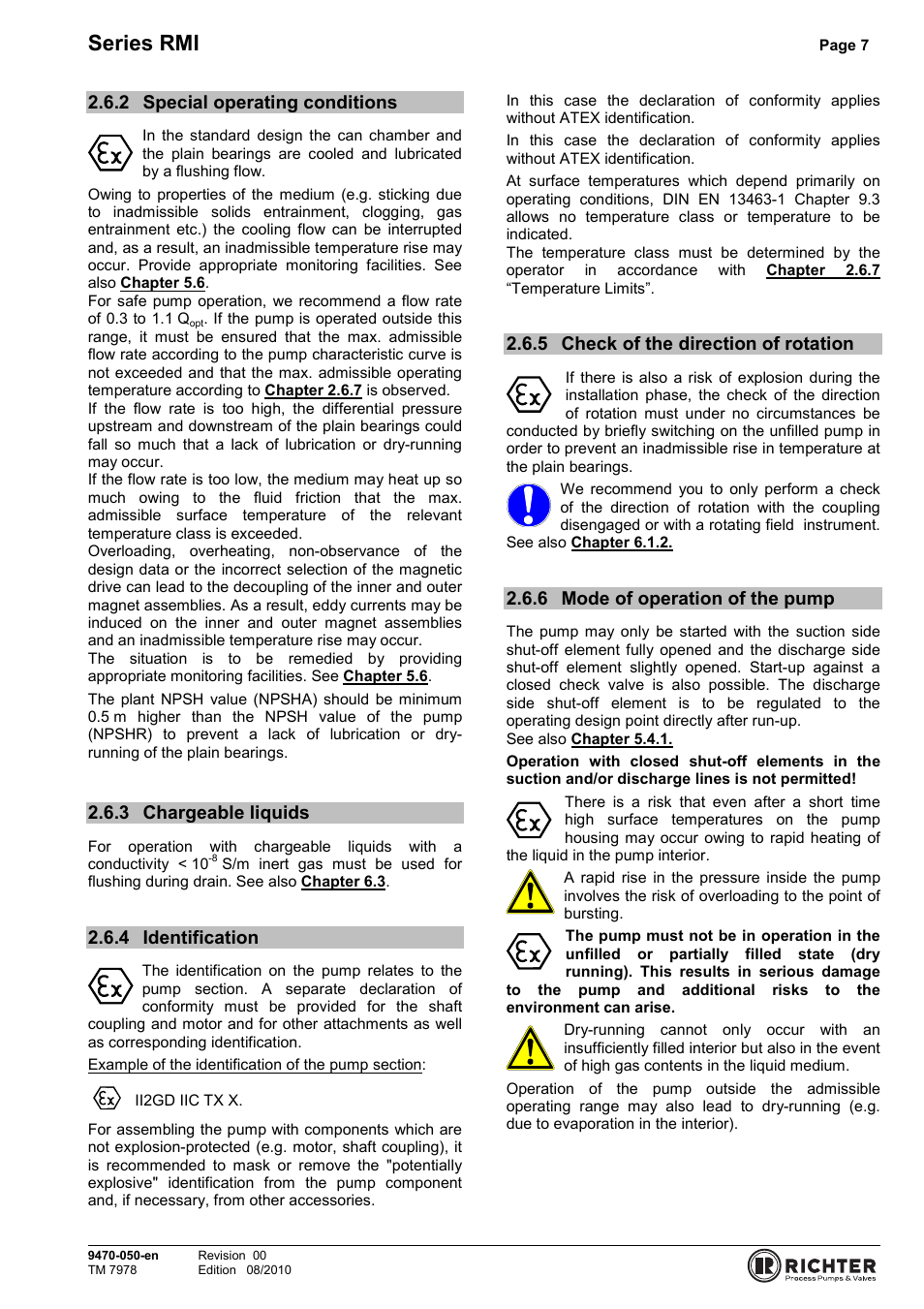 2 special operating conditions, 3 chargeable liquids, 4 identification | 5 check of the direction of rotation, 6 mode of operation of the pump, Special operating conditions, Chargeable liquids, Identification, Check of the direction of rotation, Mode of operation of the pump | Richter RMI Series User Manual | Page 7 / 33