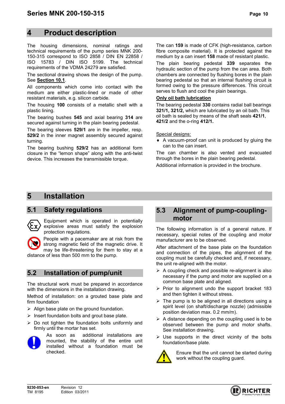 4 product description, 5 installation, 1 safety regulations | 2 installation of pump/unit, 3 alignment of pump-coupling-motor, Safety regulations, Installation of pump/unit, Alignment of pump-coupling-motor, 4product description, 5installation | Richter MNK Series User Manual | Page 10 / 37