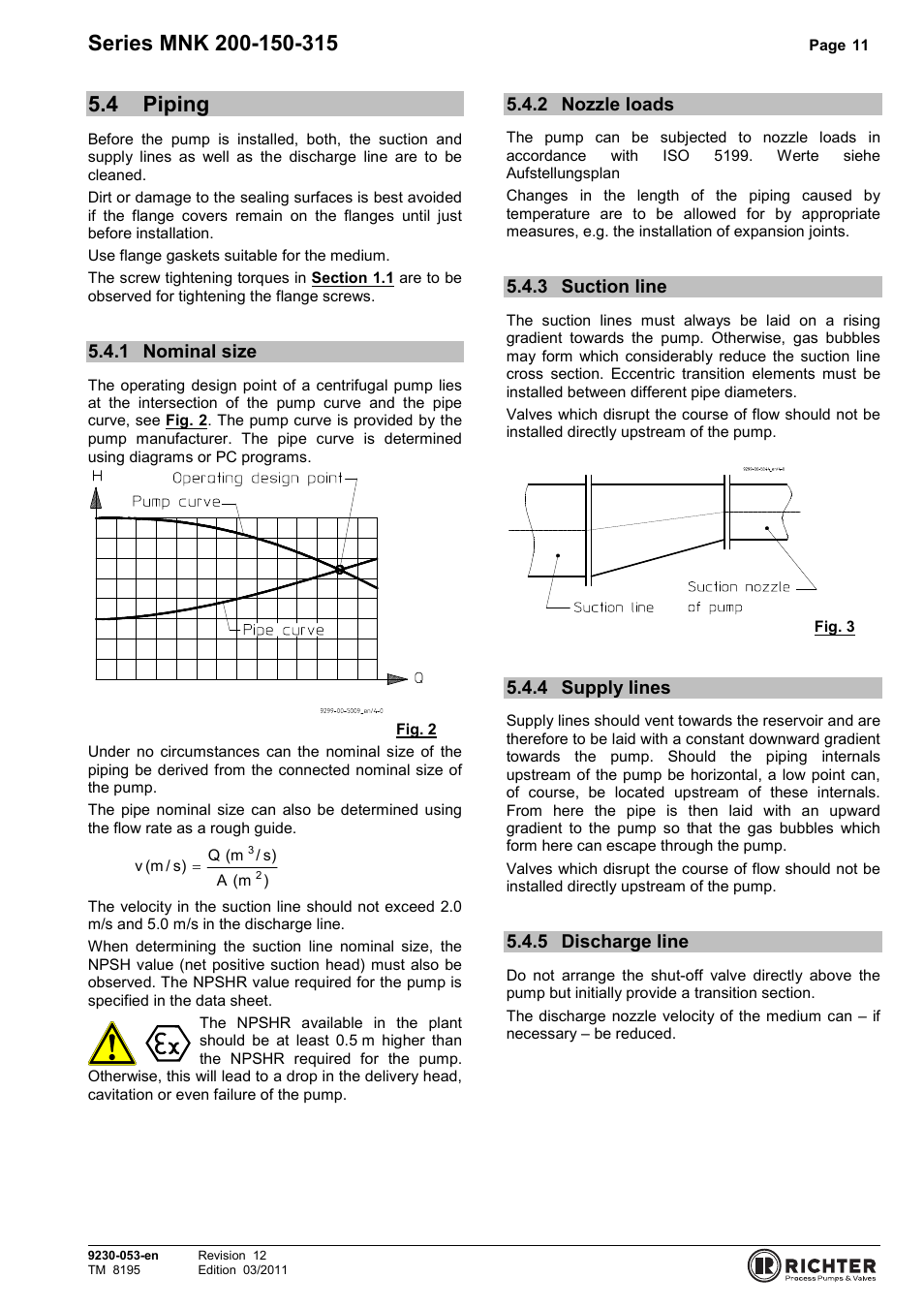 4 piping, 1 nominal size, 2 nozzle loads | 3 suction line, 4 supply lines, 5 discharge line, Piping, Nominal size, Nozzle loads, Suction line | Richter MNK Series User Manual | Page 11 / 37