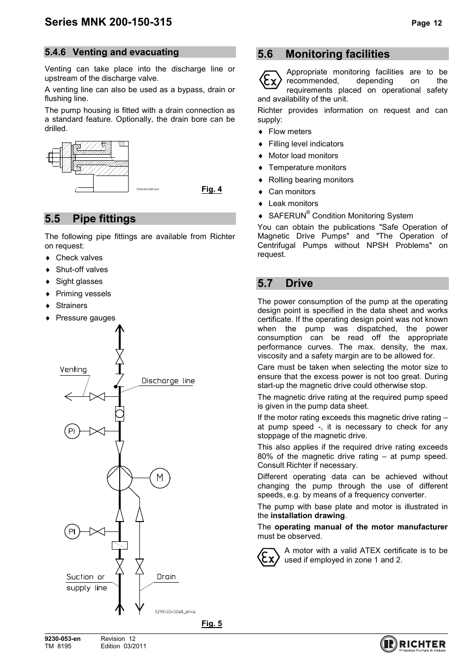6 venting and evacuating, 5 pipe fittings, 6 monitoring facilities | 7 drive, Venting and evacuating, Pipe fittings, Monitoring facilities, Drive | Richter MNK Series User Manual | Page 12 / 37