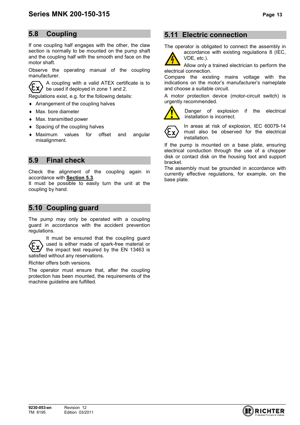 8 coupling, 9 final check, 10 coupling guard | 11 electric connection, Coupling, Final check, Coupling guard, Electric connection | Richter MNK Series User Manual | Page 13 / 37