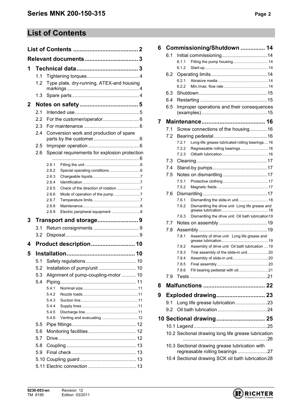 List of contents | Richter MNK Series User Manual | Page 2 / 37
