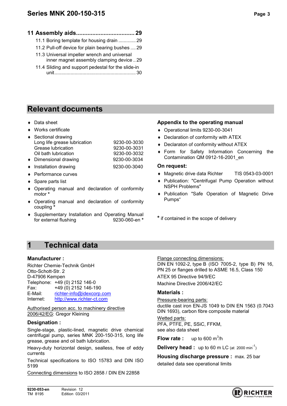 Relevant documents, 1 technical data, 1technical data | Richter MNK Series User Manual | Page 3 / 37