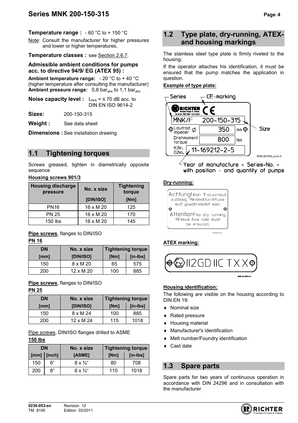 1 tightening torques, 2 type plate, dry-running, atexandhousing markings, 3 spare parts | Tightening torques, Markings, Spare parts | Richter MNK Series User Manual | Page 4 / 37