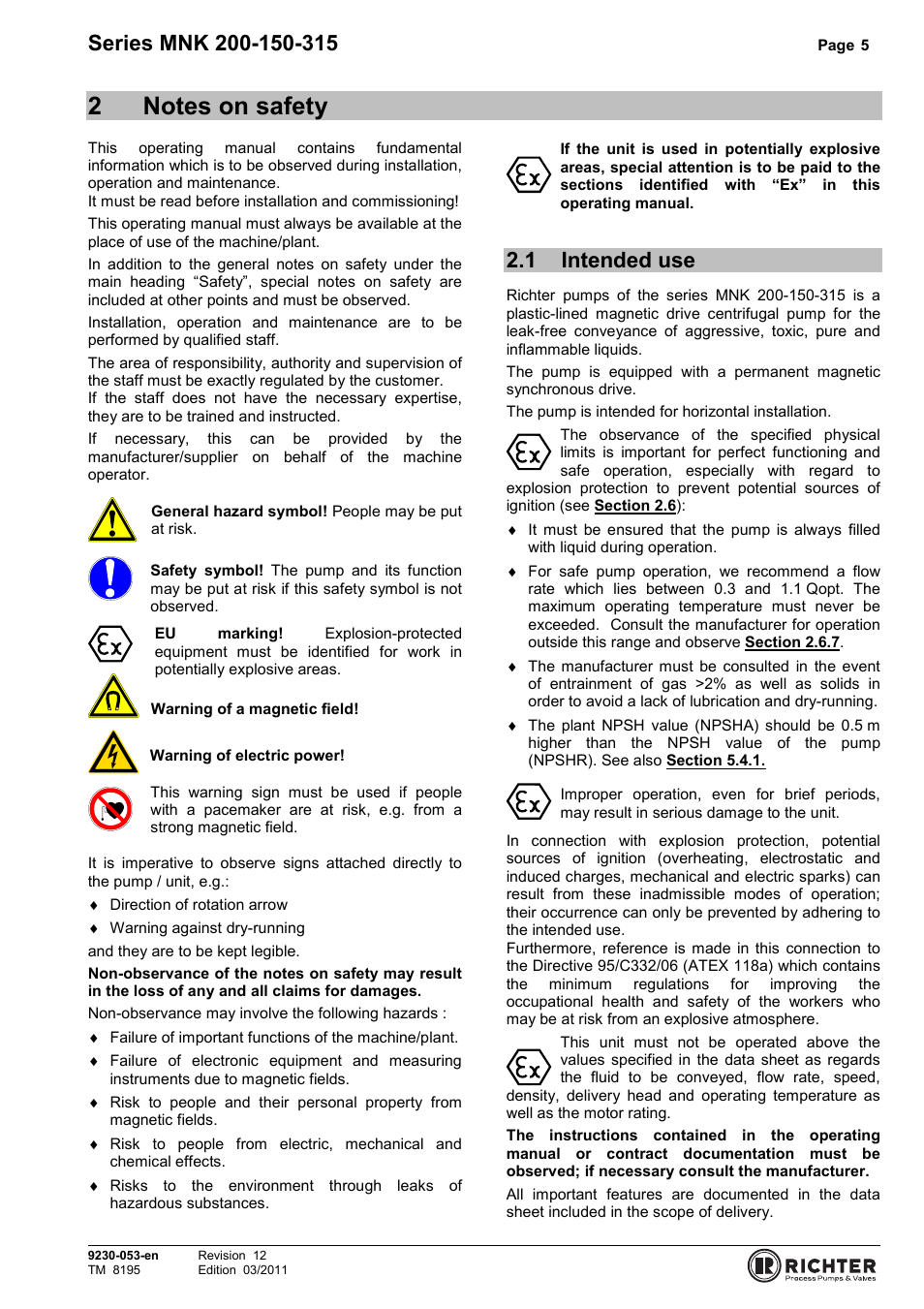 2 notes on safety, 1 intended use, Intended use | Richter MNK Series User Manual | Page 5 / 37