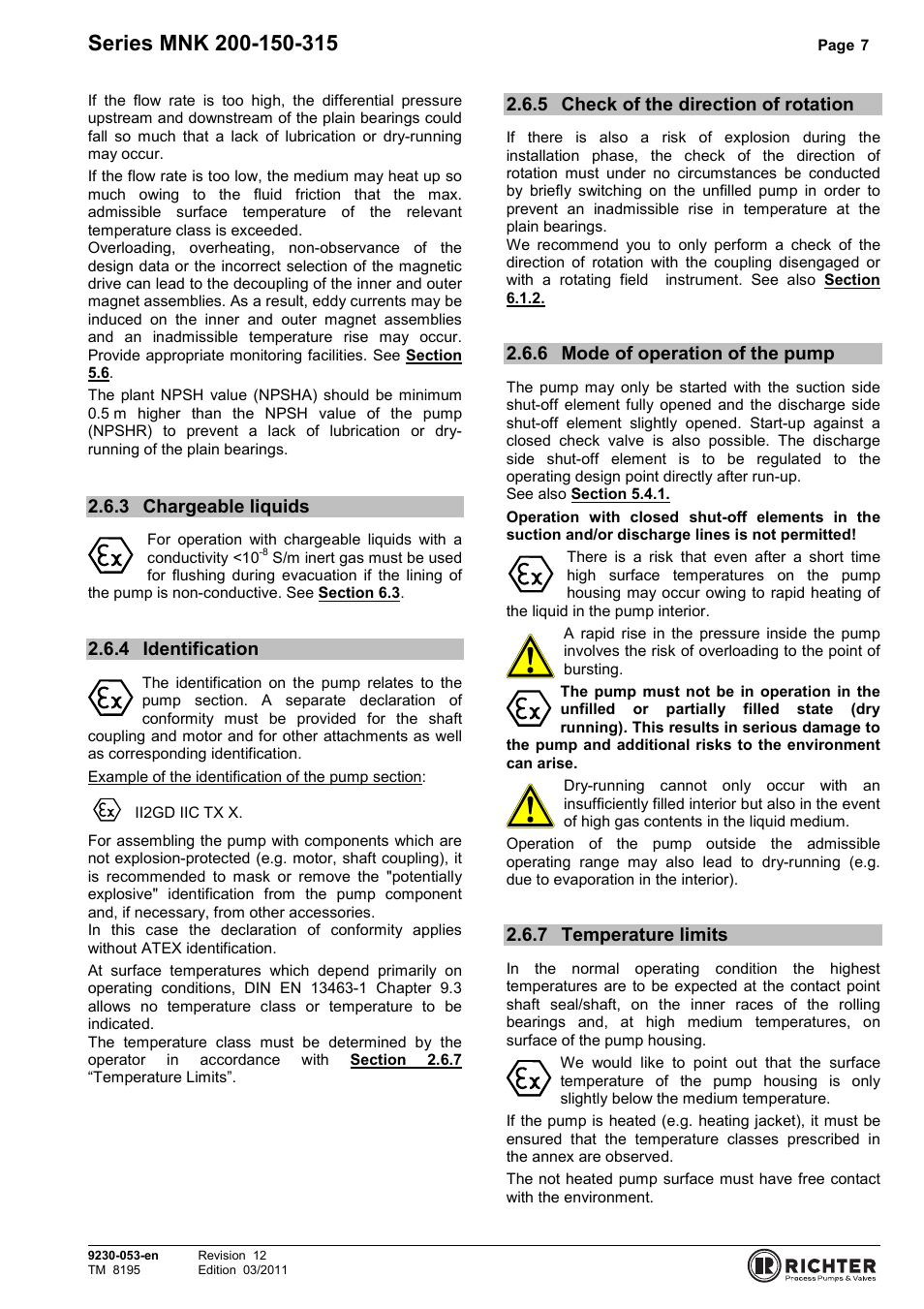 3 chargeable liquids, 4 identification, 5 check of the direction of rotation | 6 mode of operation of the pump, 7 temperature limits, Chargeable liquids, Identification, Check of the direction of rotation, Mode of operation of the pump, Temperature limits | Richter MNK Series User Manual | Page 7 / 37
