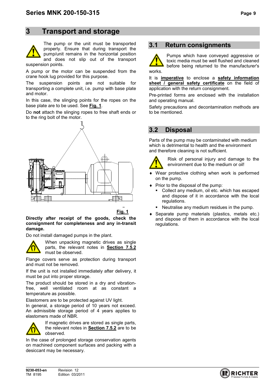 3 transport and storage, 1 return consignments, 2 disposal | Return consignments, Disposal, 3transport and storage | Richter MNK Series User Manual | Page 9 / 37
