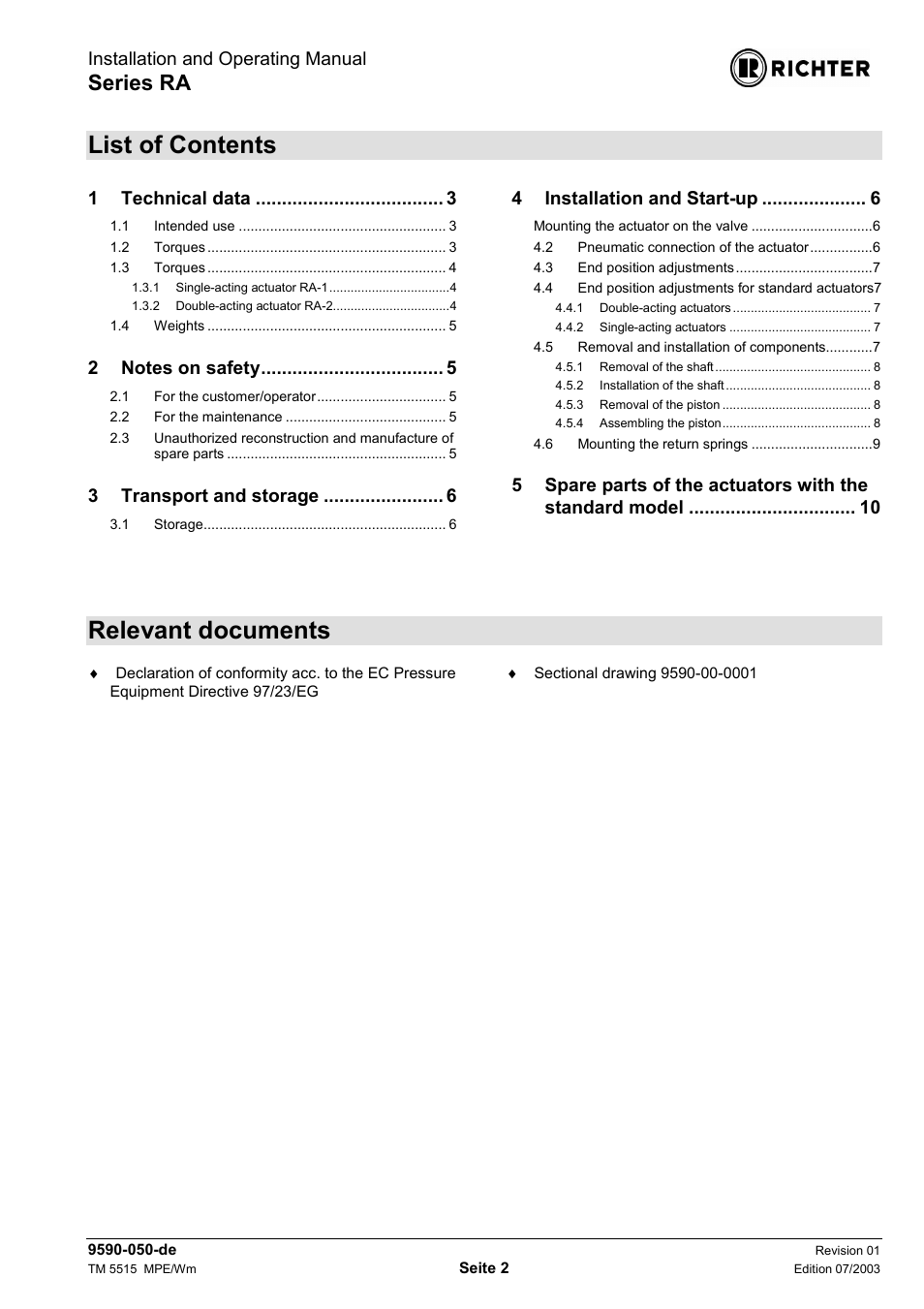 List of contents, Relevant documents, Series ra | Installation and operating manual, 1technical data, 3transport and storage, 4installation and start-up | Richter RA Series Actuators User Manual | Page 2 / 13