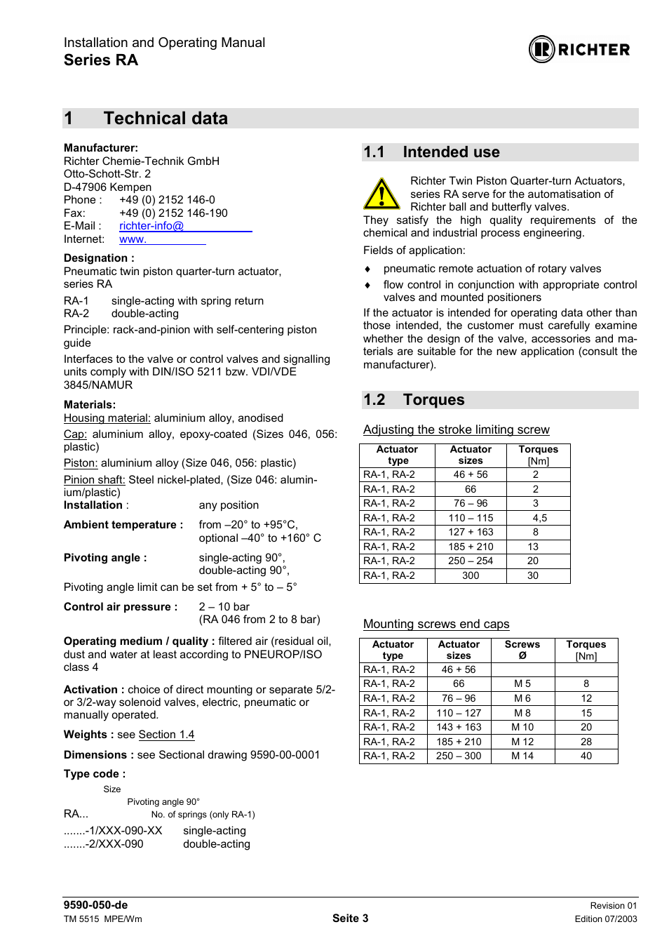 1 technical data, 1 intended use, 2 torques | Technical data, 1 intended, 1technical data, Series ra, Installation and operating manual | Richter RA Series Actuators User Manual | Page 3 / 13