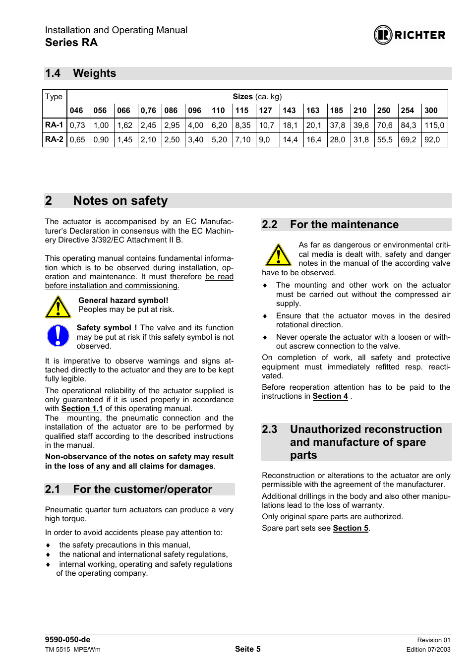 4 weights, 2 notes on safety, 1 for the customer/operator | 2 for the maintenance, Notes on safety, For the customer/operator, For the maintenance, Spare parts, Series ra | Richter RA Series Actuators User Manual | Page 5 / 13