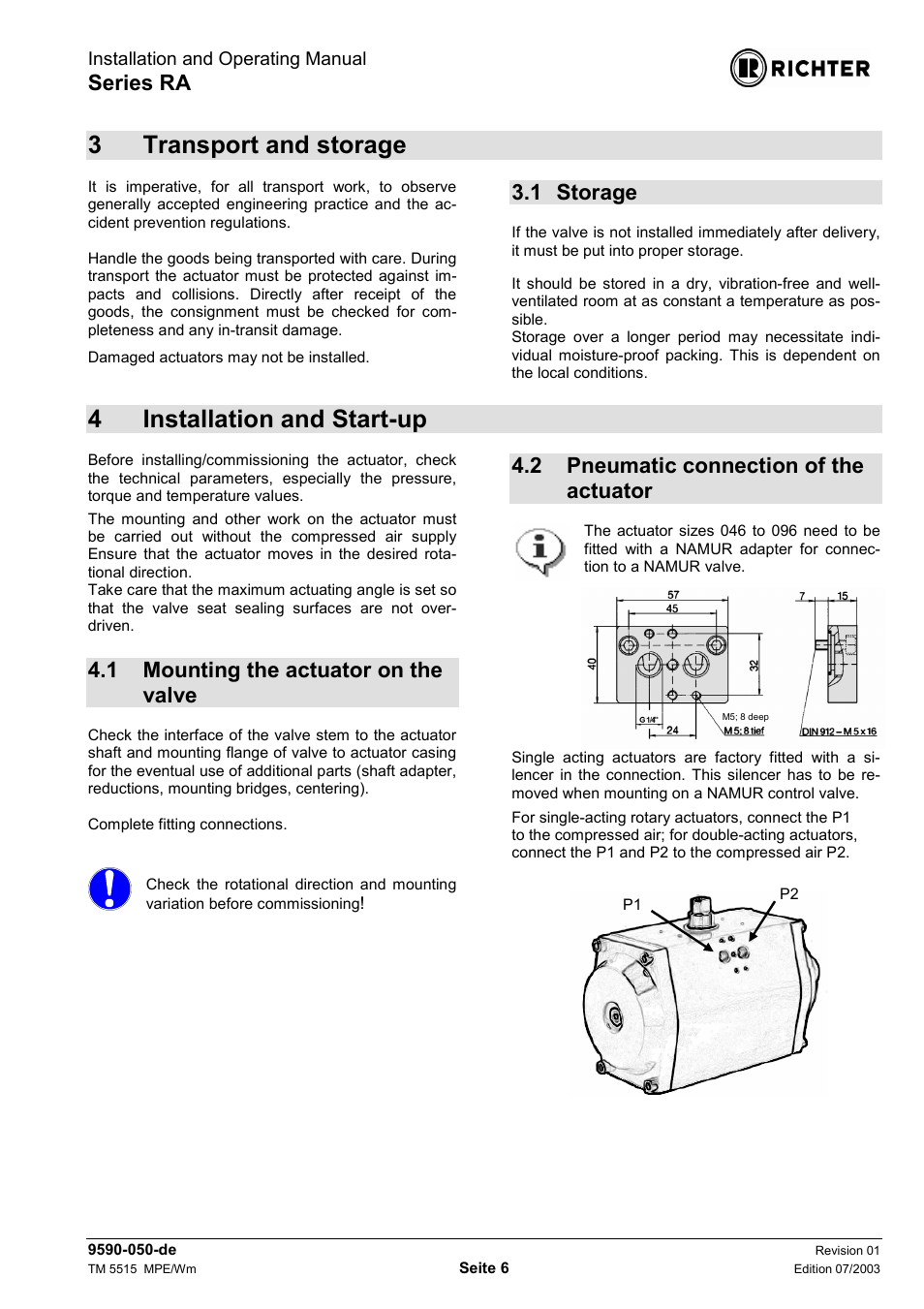 3 transport and storage, 1 storage, 4 installation and start-up | 1 mounting the actuator on the valve, 2 pneumatic connection of the actuator, Transport and storage, Installation and start-up, Mounting the actuator on the valve 4.2, Pneumatic connection of the actuator, 3transport and storage | Richter RA Series Actuators User Manual | Page 6 / 13