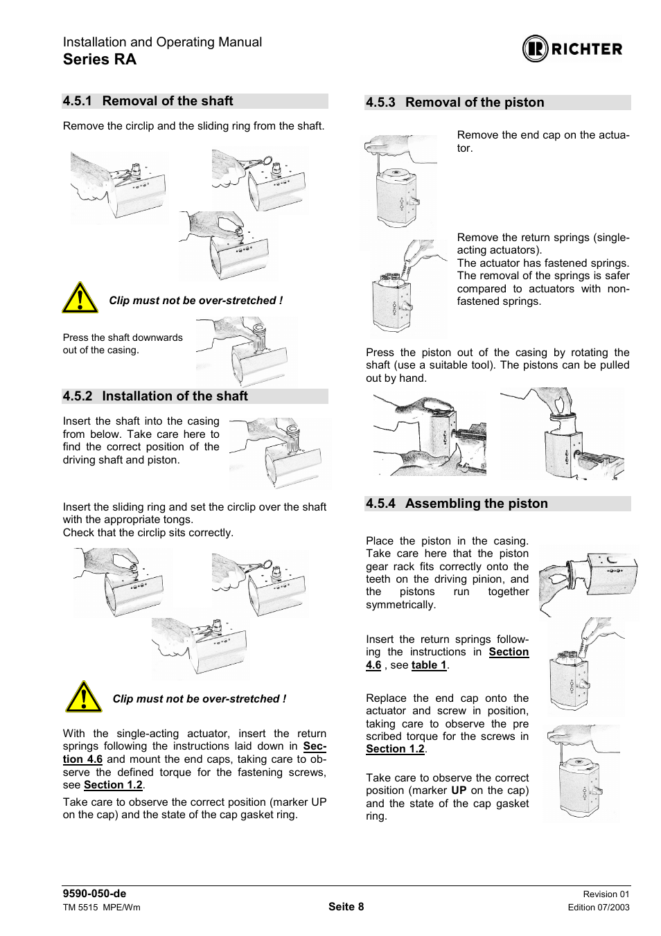 1 removal of the shaft, 2 installation of the shaft, 3 removal of the piston | 4 assembling the piston, 1 removal of the shaft 4.5.2 installation, Shaft, 3 removal of the piston 4.5.4 assembling, Piston, Series ra, Installation and operating manual | Richter RA Series Actuators User Manual | Page 8 / 13