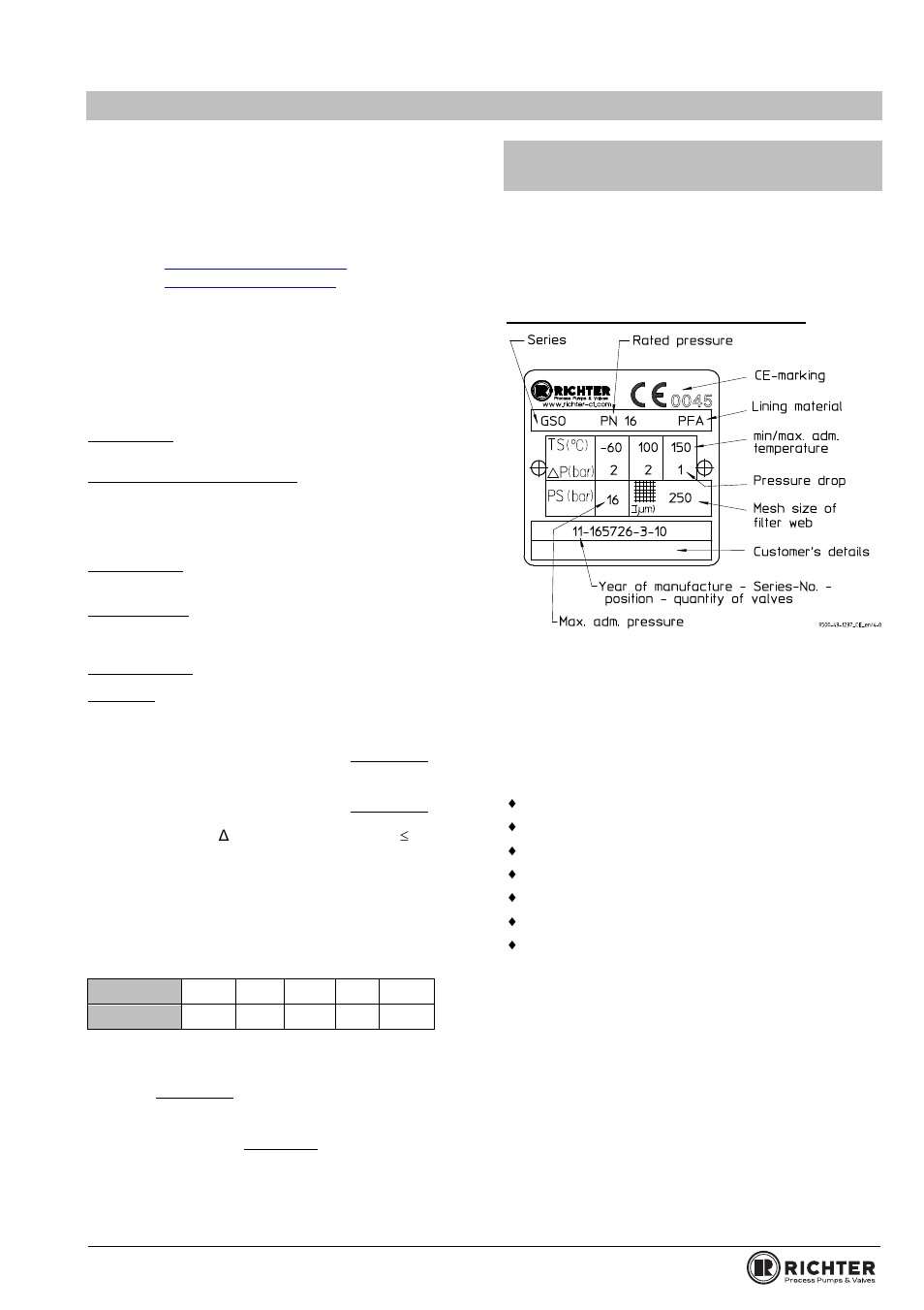 Technical data, 1 type plate, ce and body markings, Nical data | Ype plate, ce and body markings, Series gso | Richter GSO Series Strainers User Manual | Page 3 / 17